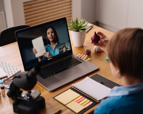 A Preteen boy uses a laptop to make a video call with his teacher. The Screen shows an online lecture with a teacher explaining the subject from class.
