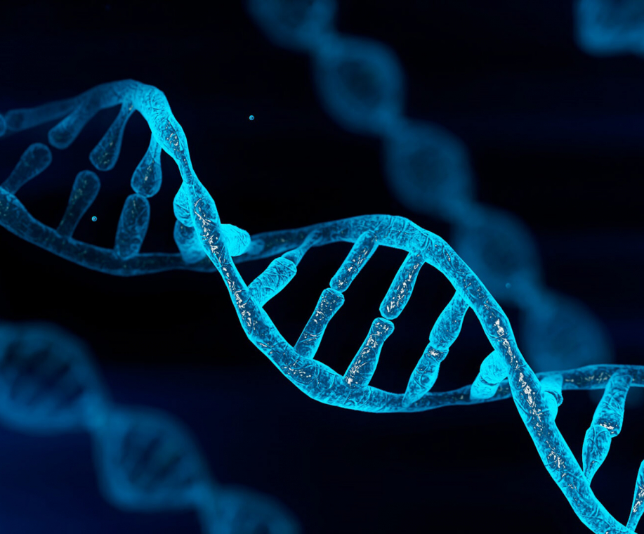 Blue chromosome DNA and gradually glowing flicker light matter chemical when camera moving closeup. Medical and Heredity genetic health concept. Technology science. 3D illustration rendering